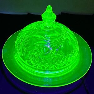 Vintage Uranium Glass Butter Dish Lid Floral & Leaf Design